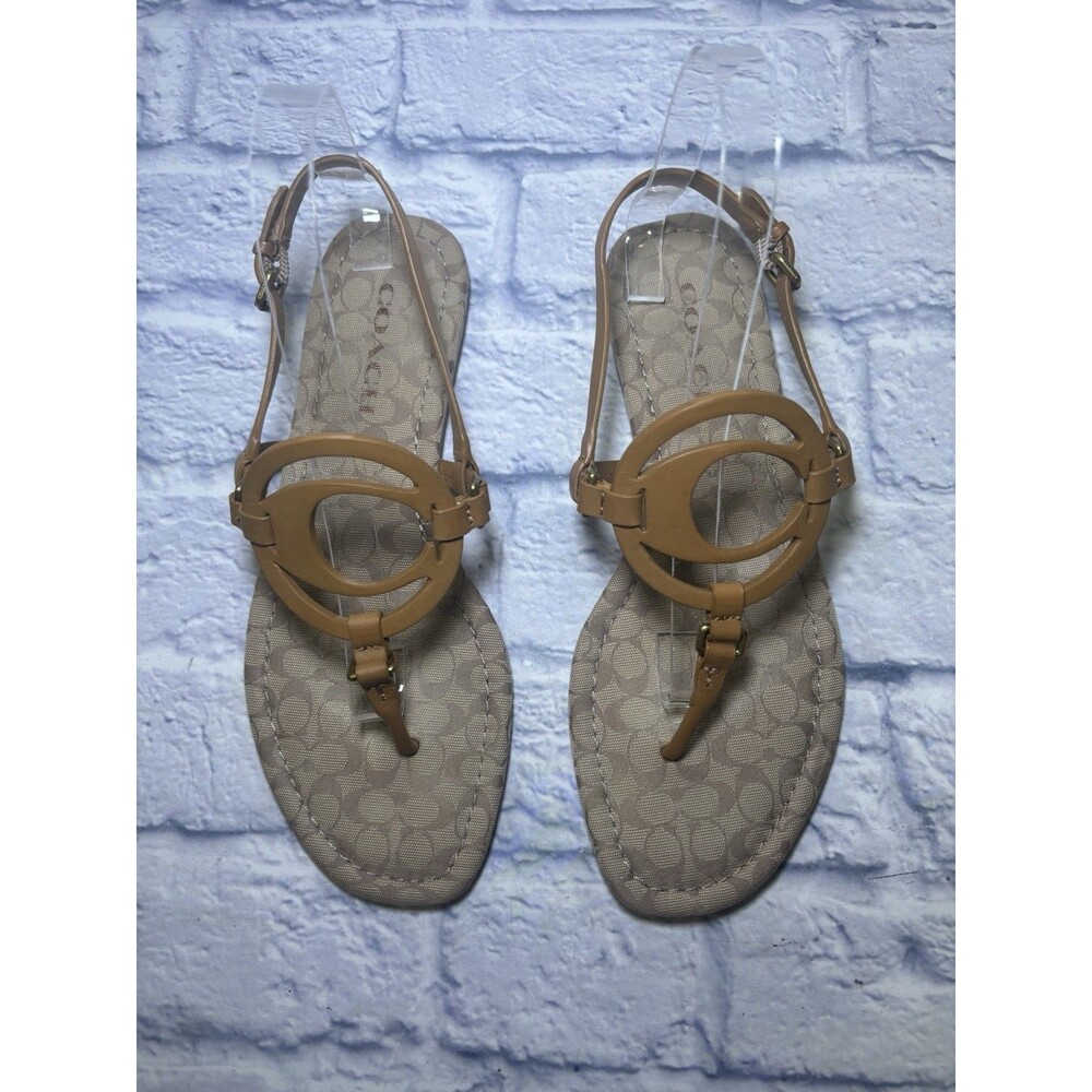 Coach Jeri Logo Genuine Leather Sandals Flats Thong Strappy Tan Sz 9 Eur 39.5 - Picture 3 of 9